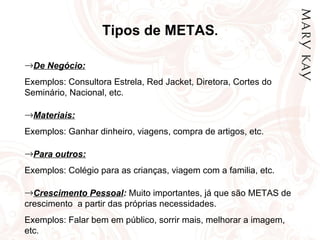Tipos de METAS . De Negócio: Exemplos: Consultora Estrela, Red Jacket, Diretora, Cortes do Seminário, Nacional, etc. Materiais: Exemplos: Ganhar dinheiro, viagens, compra de artigos, etc. Para outros: Exemplos: Colégio para as crianças, viagem com a familia, etc. Crescimento Pessoal :   Muito importantes, já que são METAS de crescimento  a partir das próprias necessidades.  Exemplos: Falar bem em público, sorrir mais, melhorar a imagem, etc. 
