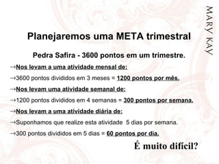 Planejaremos uma META trimestral Pedra Safira - 3600 pontos em um trimestre. Nos levam a uma atividade mensal de: 3600 pontos divididos em 3 meses =  1200 pontos por mês. Nos levam uma atividade semanal de: 1200 pontos divididos em 4 semanas =  300 pontos por semana. Nos levam a uma atividade diária de: Suponhamos que realize esta atividade  5 dias por semana. 300 pontos divididos em 5 dias   =   60 pontos por dia. É muito difícil? 