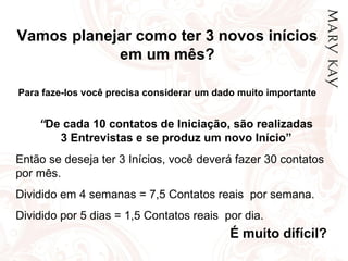 Vamos planejar como ter 3 novos inícios em um mês? Para faze-los você precisa considerar um dado muito importante “ De cada 10 contatos de Iniciação, são realizadas 3 Entrevistas e se produz um novo Início” Então se deseja ter 3 Inícios, você deverá fazer 30 contatos por mês. Dividido em 4 semanas = 7,5 Contatos reais  por semana. Dividido por 5 dias = 1,5 Contatos reais  por dia. É muito difícil? 