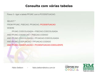CONSULTA SIMPLES EM UMA TABELASintaxe de uma consulta SQL:O comando SELECT é responsável pelas consultas no banco de dados, sendo o único comando utilizado em planilhas, gerador e nos cubos.