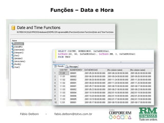 Apelido de Tabela / ColunaÉ possíveldiminuir a quantidade de “código” namontagem de umasentença SQL atribuindo um apelido a umatabela, tambémconhecidocomo alias. Após a criaçãodestes, bastautilizálo no lugar do nomedatabela. Compare estasduasconsultasabaixo do antes e o depois, respectivamente:SELECT PFUNC.CHAPA, PFUNC.NOME, PSECAO.DESCRICAO, PFUNCAO.NOME, PCODSITUACAO.DESCRICAOFROM PFUNC, PSECAO, PFUNCAO, PCODSITUACAOWHERE         PFUNC.CODCOLIGADA = PSECAO.CODCOLIGADAAND PFUNC.CODSECAO = PSECAO.CODIGOAND PFUNC.CODCOLIGADA = PFUNCAO.CODCOLIGADAAND PFUNC.CODFUNCAO = PFUNCAO.CODIGOAND PFUNC.CODSITUACAO = PCODSITUACAO.CODCLIENTESELECT P.CHAPA, P.NOME, S.DESCRICAO, F.NOME, C.DESCRICAOFROM PFUNC P, PSECAO S, PFUNCAO F, PCODSITUACAO CWHEREP.CODCOLIGADA = S.CODCOLIGADAAND P.CODSECAO = S.CODIGOAND P.CODCOLIGADA = F.CODCOLIGADAAND P.CODFUNCAO = F.CODIGOAND P.CODSITUACAO = C.CODCLIENTE