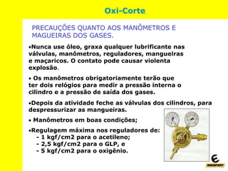 PRECAUÇÕES QUANTO AOS MANÔMETROS E
MAGUEIRAS DOS GASES.
Nunca use óleo, graxa qualquer lubrificante nas
válvulas, manômetros, reguladores, mangueiras
e maçaricos. O contato pode causar violenta
explosão.
 Os manômetros obrigatoriamente terão que
ter dois relógios para medir a pressão interna o
cilindro e a pressão de saída dos gases.
Depois da atividade feche as válvulas dos cilindros, para
despressurizar as mangueiras.
 Manômetros em boas condições;
Regulagem máxima nos reguladores de:
- 1 kgf/cm2 para o acetileno;
- 2,5 kgf/cm2 para o GLP, e
- 5 kgf/cm2 para o oxigênio.
Oxi-Corte
 