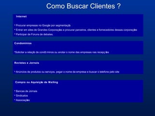Como Buscar Clientes ?
Internet
• Procurar empresas no Google por segmentação
• Entrar em sites de Grandes Corporações e procurar parceiros, clientes e fornecedores dessas corporações
• Participar de Foruns de debates.
Condomínios
•Solicitar a relação de condô minos ou anotar o nome das empresas nas recepç ões
Revistas e Jornais
• Anúncios de produtos ou serviços, pegar o nome da empresa e buscar o telefone pelo site
Compra ou Aquisição de Mailing
• Bancas de Jornais
• Sindicatos
• Associações
 