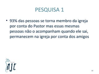 PESQUISA 1
• 93% das pessoas se torna membro da igreja
por conta do Pastor mas essas mesmas
pessoas não o acompanham quando ele sai,
permanecem na igreja por conta dos amigos
13
 