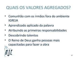 QUAIS OS VALORES AGREGADOS?
• Comunhão com os irmãos fora do ambiente
IGREJA
• Aprendizado aplicado da palavra
• Atribuindo as primeiras responsabilidades
• Descobrindo talentos
• O Reino de Deus ganha pessoas mais
capacitadas para fazer a obra
20
 