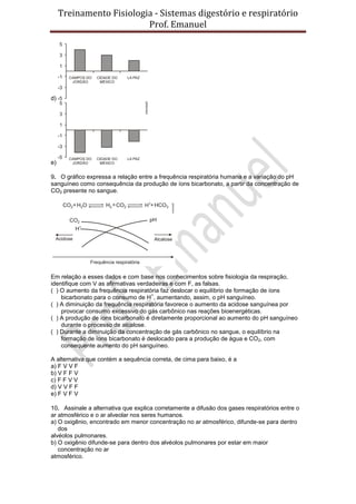 Treinamento Fisiologia - Sistemas digestório e respiratório
Prof. Emanuel
d)
e)
9. O gráfico expressa a relação entre a frequência respiratória humana e a variação do pH
sanguíneo como consequência da produção de íons bicarbonato, a partir da concentração de
CO2 presente no sangue.
Em relação a esses dados e com base nos conhecimentos sobre fisiologia da respiração,
identifique com V as afirmativas verdadeiras e com F, as falsas.
( ) O aumento da frequência respiratória faz deslocar o equilíbrio de formação de íons
bicarbonato para o consumo de H
+
, aumentando, assim, o pH sanguíneo.
( ) A diminuição da frequência respiratória favorece o aumento da acidose sanguínea por
provocar consumo excessivo do gás carbônico nas reações bioenergéticas.
( ) A produção de íons bicarbonato é diretamente proporcional ao aumento do pH sanguíneo
durante o processo de alcalose.
( ) Durante a diminuição da concentração de gás carbônico no sangue, o equilíbrio na
formação de íons bicarbonato é deslocado para a produção de água e CO2, com
consequente aumento do pH sanguíneo.
A alternativa que contém a sequência correta, de cima para baixo, é a
a) F V V F
b) V F F V
c) F F V V
d) V V F F
e) F V F V
10. Assinale a alternativa que explica corretamente a difusão dos gases respiratórios entre o
ar atmosférico e o ar alveolar nos seres humanos.
a) O oxigênio, encontrado em menor concentração no ar atmosférico, difunde-se para dentro
dos
alvéolos pulmonares.
b) O oxigênio difunde-se para dentro dos alvéolos pulmonares por estar em maior
concentração no ar
atmosférico.
 