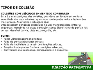 DIREÇÃO PREVENTIVA
TIPOS DE COLISÃO
COLISÕES COM VEÍCULOS EM SENTIDO CONTRÁRIO
Esta é a mais perigosa das colisões, pois deve ser levado em conta a
velocidade dos dois veículos, que causa um impacto maior e ferimentos
mais graves. As principais situações são:
Ultrapassagem perigosa; obstáculos na via; manobras para entrar à
esquerda; manobras na pista; distração; sono; álcool; falta de perícia nas
curvas; desnível da via; pista escorregadia; etc.
EVITE:
• Fazer ultrapassagens mal feitas;
• Falta de perícia para fazer curvas;
• Falta de habilidade para sair de situações críticas;
• Reações inadequadas frente a condições adversas;
• Conversões mal realizadas, principalmente à esquerda.
 