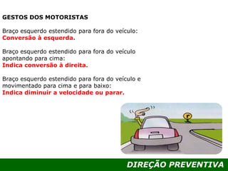 DIREÇÃO PREVENTIVA
GESTOS DOS MOTORISTAS
Braço esquerdo estendido para fora do veículo:
Conversão à esquerda.
Braço esquerdo estendido para fora do veículo
apontando para cima:
Indica conversão à direita.
Braço esquerdo estendido para fora do veículo e
movimentado para cima e para baixo:
Indica diminuir a velocidade ou parar.
 