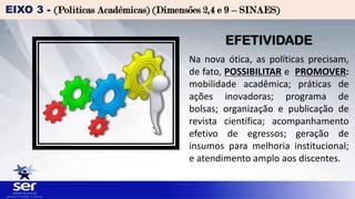 EIXO 3 - (Políticas Acadêmicas) (Dimensões 2,4 e 9 – SINAES)
EFETIVIDADE
Na nova ótica, as políticas precisam,
de fato, POSSIBILITAR e PROMOVER:
mobilidade acadêmica; práticas de
ações inovadoras; programa de
bolsas; organização e publicação de
revista científica; acompanhamento
efetivo de egressos; geração de
insumos para melhoria institucional;
e atendimento amplo aos discentes.
 