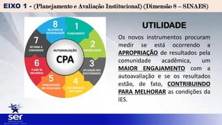 EIXO 1 - (Planejamento e Avaliação Institucional) (Dimensão 8 – SINAES)
UTILIDADE
Os novos instrumentos procuram
medir se está ocorrendo a
APROPRIAÇÃO de resultados pela
comunidade acadêmica, um
MAIOR ENGAJAMENTO com a
autoavaliação e se os resultados
estão, de fato, CONTRIBUINDO
PARA MELHORAR as condições da
IES.
AUTOAVALIAÇÃO
CPA
 