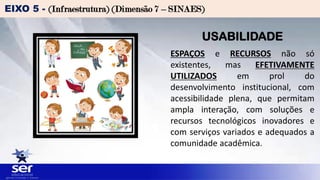 EIXO 5 - (Infraestrutura) (Dimensão 7 – SINAES)
USABILIDADE
ESPAÇOS e RECURSOS não só
existentes, mas EFETIVAMENTE
UTILIZADOS em prol do
desenvolvimento institucional, com
acessibilidade plena, que permitam
ampla interação, com soluções e
recursos tecnológicos inovadores e
com serviços variados e adequados a
comunidade acadêmica.
 