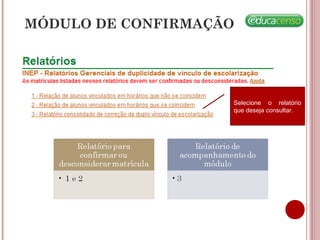 MÓDULO DE CONFIRMAÇÃO
Selecione o relatório
que deseja consultar.
 