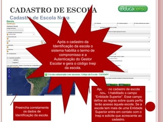 Cadastro de Escola Nova
CADASTRO DE ESCOLA
Preencha corretamente
os dados de
Identificação da escola.
Apenas no cadastro de escola
nova é habilitado o campo
“Entidade Superior”. Esse campo
define as regras sobre quais perfis
terão acesso àquela escola. Se a
escola tem mais de uma Entidade
Superior entre em contato com o
Inep e solicite que acrescente ao
cadastro.
Após o cadastro da
Identificação da escola o
sistema habilita o termo de
compromisso e a
Autenticação do Gestor
Escolar e gera o código Inep
da escola.
 