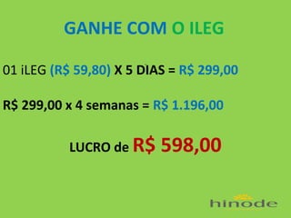 GANHE COM O ILEG
.

01 iLEG (R$ 59,80) X 5 DIAS = R$ 299,00
R$ 299,00 x 4 semanas = R$ 1.196,00
LUCRO de R$

598,00

 