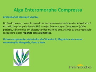 Alga Enteromorpha Compressa
RESTAURADOR MARINHO VEGETAL

Do fundo do mar, no verão quando se encontram níveis ótimos de carboidratos é
extraído do principal ativo do iLEG - a Alga Enteromorpha Compressa (sódio,
potássio, cálcio e rica em oligossacarídeo marinho que, através da auto-regulação
reequilibra a pele repondo esses elementos.
Outros componentes detectados são Vitamina C, Magnésio e em menor
concentração Manganês, Ferro e Iodo.

 