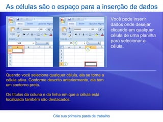 As células são o espaço para a inserção de dados Crie sua primeira pasta de trabalho Você pode inserir dados onde desejar clicando em qualquer célula de uma planilha para selecionar a célula.  Quando você seleciona qualquer célula, ela se torne a célula ativa. Conforme descrito anteriormente, ela tem um contorno preto.  Os títulos da coluna e da linha em que a célula está localizada também são destacados.  