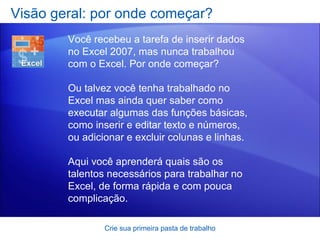 Visão geral: por onde começar? Crie sua primeira pasta de trabalho Você recebeu a tarefa de inserir dados no Excel 2007, mas nunca trabalhou com o Excel. Por onde começar? Ou talvez você tenha trabalhado no Excel mas ainda quer saber como executar algumas das funções básicas, como inserir e editar texto e números, ou adicionar e excluir colunas e linhas.  Aqui você aprenderá quais são os talentos necessários para trabalhar no Excel, de forma rápida e com pouca complicação.  