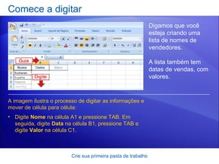 Comece a digitar Crie sua primeira pasta de trabalho Digamos que você esteja criando uma lista de nomes de vendedores.  A lista também tem datas de vendas, com valores. Digite  Nome  na célula A1 e pressione TAB. Em seguida, digite  Data  na célula B1, pressione TAB e digite  Valor  na célula C1. A imagem ilustra o processo de digitar as informações e mover de célula para célula:  