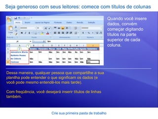 Seja generoso com seus leitores: comece com títulos de colunas Crie sua primeira pasta de trabalho Quando você insere dados, convém começar digitando títulos na parte superior de cada coluna.  Dessa maneira, qualquer pessoa que compartilhe a sua planilha pode entender o que significam os dados (e você pode mesmo entendê-los mais tarde). Com freqüência, você desejará inserir títulos de linhas também. 