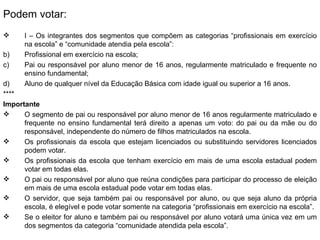 Podem votar: I – Os integrantes dos segmentos que compõem as categorias “profissionais em exercício na escola” e “comunidade atendia pela escola”: Profissional em exercício na escola; Pai ou responsável por aluno menor de 16 anos, regularmente matriculado e frequente no ensino fundamental; Aluno de qualquer nível da Educação Básica com idade igual ou superior a 16 anos. **** Importante O segmento de pai ou responsável por aluno menor de 16 anos regularmente matriculado e frequente no ensino fundamental terá direito a apenas um voto: do pai ou da mãe ou do responsável, independente do número de filhos matriculados na escola. Os profissionais da escola que estejam licenciados ou substituindo servidores licenciados podem votar. Os profissionais da escola que tenham exercício em mais de uma escola estadual podem votar em todas elas. O pai ou responsável por aluno que reúna condições para participar do processo de eleição em mais de uma escola estadual pode votar em todas elas. O servidor, que seja também pai ou responsável por aluno, ou que seja aluno da própria escola, é elegível e pode votar somente na categoria “profissionais em exercício na escola”. Se o eleitor for aluno e também pai ou responsável por aluno votará uma única vez em um dos segmentos da categoria “comunidade atendida pela escola”. 