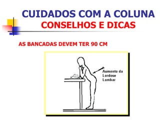 CUIDADOS COM A COLUNA
CONSELHOS E DICAS
AS BANCADAS DEVEM TER 90 CM
 