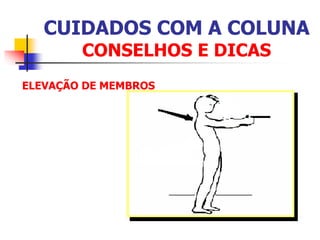 CUIDADOS COM A COLUNA
CONSELHOS E DICAS
ELEVAÇÃO DE MEMBROS
 