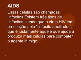 45 55
AIDS
Essas células são chamadas
linfócitos.Existem três tipos de
linfócitos, sendo que o vírus HIV tem
predileção pelo "linfócito auxiliador",
que é justamente aquele que ajuda a
produzir mais células para combater
o agente inimigo.
 