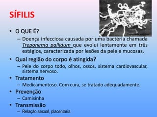 SÍFILIS
• O QUE É?
– Doença infecciosa causada por uma bactéria chamada
Treponema pallidum que evolui lentamente em três
estágios, caracterizada por lesões da pele e mucosas.
• Qual região do corpo é atingida?
– Pele do corpo todo, olhos, ossos, sistema cardiovascular,
sistema nervoso.
• Tratamento
– Medicamentoso. Com cura, se tratado adequadamente.
• Prevenção
– Camisinha
• Transmissão
– Relação sexual, placentária.
 