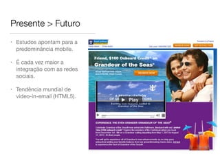 Presente > Futuro
• Estudos apontam para a
predominância mobile.

• É cada vez maior a
integração com as redes
sociais.

• Tendência mundial de
video-in-email (HTML5).
 
