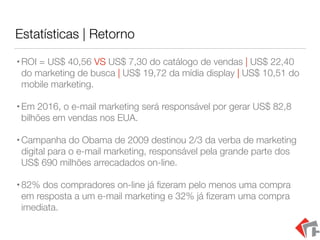 Estatísticas | Retorno
•ROI = US$ 40,56 VS US$ 7,30 do catálogo de vendas | US$ 22,40
do marketing de busca | US$ 19,72 da mídia display | US$ 10,51 do
mobile marketing.
•Em 2016, o e-mail marketing será responsável por gerar US$ 82,8
bilhões em vendas nos EUA.
•Campanha do Obama de 2009 destinou 2/3 da verba de marketing
digital para o e-mail marketing, responsável pela grande parte dos
US$ 690 milhões arrecadados on-line.
•82% dos compradores on-line já ﬁzeram pelo menos uma compra
em resposta a um e-mail marketing e 32% já ﬁzeram uma compra
imediata.
 