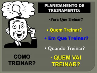 PLANEJAMENTO DE 
TREINAMENTO: 
•Para Que Treinar? 
• Quem Treinar? 
• Em Que Treinar? 
COMO 
TREINAR? 
• Quando Treinar? 
• QUEM VAI 
TREINAR? 
