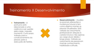 Treinamento X Desenvolvimento
 Treinamento – é
pontual e está
relacionado a uma
carência a ser suprida
pelo cargo, naquele
momento. Curto prazo.
Voltado para o
condicionamento da
pessoa; para a
execução de tarefas.
 Desenvolvimento – visualiza
as possíveis alterações e
mudanças futuras e tem
como objetivo manter as
pessoas atualizadas. Está
voltado ao crescimento
profissional em direção à
carreira futura e não apenas
ao cargo atual. Médio /
longo prazo. Voltado ao
crescimento da pessoa em
nível de conhecimento,
habilidade e atitude.
 