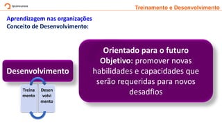 Treinamento e Desenvolvimento
Aprendizagem nas organizações
Conceito de Desenvolvimento:
Desenvolvimento
Treina
mento
Desen
volvi
mento
Orientado para o futuro
Objetivo: promover novas
habilidades e capacidades que
serão requeridas para novos
desadfios
 