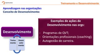 Treinamento e Desenvolvimento
Exemplos de ações de
Desenvolvimento nas orgs:
- Programas de QVT;
- Orientações profissionais (coaching);
- Autogestão de carreira.
Aprendizagem nas organizações
Conceito de Desenvolvimento:
Desenvolvimento
Treina
mento
Desen
volvi
mento
 