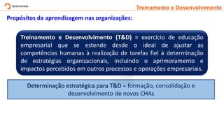 Treinamento e Desenvolvimento
Propósitos da aprendizagem nas organizações:
Treinamento e Desenvolvimento (T&D) = exercício de educação
empresarial que se estende desde o ideal de ajustar as
competências humanas à realização de tarefas fiel à determinação
de estratégias organizacionais, incluindo o aprimoramento e
impactos percebidos em outros processos e operações empresariais.
Determinação estratégica para T&D = formação, consolidação e
desenvolvimento de novos CHAs
 