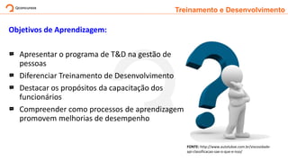 Treinamento e Desenvolvimento
Objetivos de Aprendizagem:
Apresentar o programa de T&D na gestão de
pessoas
Diferenciar Treinamento de Desenvolvimento
Destacar os propósitos da capacitação dos
funcionários
Compreender como processos de aprendizagem
promovem melhorias de desempenho
FONTE: http://www.autolubse.com.br/viscosidade-
api-classificacao-sae-o-que-e-isso/
 