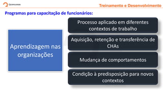 Treinamento e Desenvolvimento
Programas para capacitação de funcionários:
Processo aplicado em diferentes
contextos de trabalho
Mudança de comportamentos
Condição à predisposição para novos
contextos
Aprendizagem nas
organizações
Aquisição, retenção e transferência de
CHAs
 