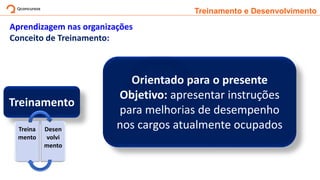 Treinamento e Desenvolvimento
Aprendizagem nas organizações
Conceito de Treinamento:
Treinamento
Treina
mento
Desen
volvi
mento
Orientado para o presente
Objetivo: apresentar instruções
para melhorias de desempenho
nos cargos atualmente ocupados
 
