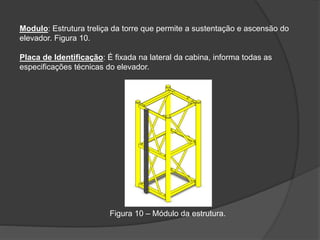 Modulo: Estrutura treliça da torre que permite a sustentação e ascensão do
elevador. Figura 10.
Placa de Identificação: É fixada na lateral da cabina, informa todas as
especificações técnicas do elevador.
Figura 10 – Módulo da estrutura.
 