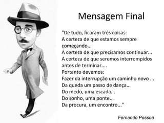 Mensagem Final
"De tudo, ficaram três coisas:
A certeza de que estamos sempre
começando...
A certeza de que precisamos continuar...
A certeza de que seremos interrompidos
antes de terminar....
Portanto devemos:
Fazer da interrupção um caminho novo ...
Da queda um passo de dança...
Do medo, uma escada...
Do sonho, uma ponte...
Da procura, um encontro..."

                        Fernando Pessoa
 