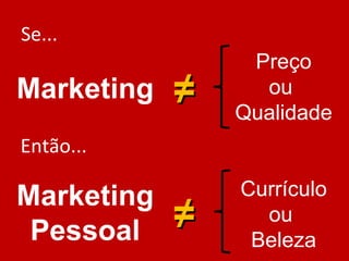 Se...
                 Preço
Marketing   ≠     ou
                Qualidade
Então...

Marketing       Currículo

 Pessoal    ≠     ou
                 Beleza
 