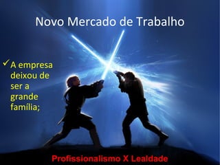 Novo Mercado de Trabalho


A empresa
 deixou de
 ser a
 grande
 família;




         Profissionalismo X Lealdade
 