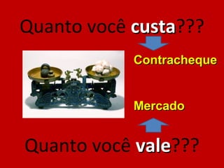 Quanto você custa???
            custa
            Contracheque


            Mercado


Quanto você vale???
            vale
 