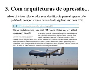 Alvos cinéticos selecionados sem identificação pessoal, apenas pelo
padrão de comportamento minerado do vigilantismo com NGI
3. Com arquiteturas de opressão...
 