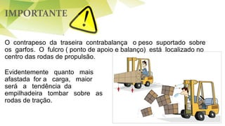 IMPORTANTE
O contrapeso da traseira contrabalança o peso suportado sobre
os garfos. O fulcro ( ponto de apoio e balanço) está localizado no
centro das rodas de propulsão.
Evidentemente quanto mais
afastada for a carga, maior
será a tendência da
empilhadeira tombar sobre as
rodas de tração.
 