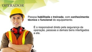 OPERADOR
Pessoa habilitada e treinada, com conhecimento
técnico e funcional do equipamento.
É o responsável direto pela segurança da
operação, pessoas e demais bens interligados
a ela.
 