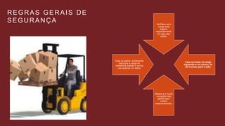 REGRAS GERAIS DE
SEGURANÇA Verifique se a
carga está
segura,
especialmente
no caso das
soltas.
Faça um teste na carga
erguendo-a um pouco, se
ela inclinar para o lado.
Abaixe-a e mude
a posição dos
garfos para
melhor
balanceamento;
Erga os garfos lentamente
para que a carga se
mantenha estável e nunca
use apelnas um deles.
 