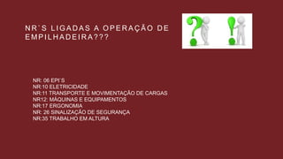 N R ` S L I G A D A S A O P E R A Ç Ã O D E
E M P I L H A D E I R A ? ? ?
NR: 06 EPI`S
NR:10 ELETRICIDADE
NR:11 TRANSPORTE E MOVIMENTAÇÃO DE CARGAS
NR12: MÁQUINAS E EQUIPAMENTOS
NR:17 ERGONOMIA
NR: 26 SINALIZAÇÃO DE SEGURANÇA
NR:35 TRABALHO EM ALTURA
 
