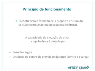 – Peso da carga e
– Distância do centro de gravidade da carga (centro da carga)
 O contrapeso é formado pela própria estrutura do
veículo (combustão) ou pela bateria (elétrica).
A capacidade de elevação de uma
empilhadeira é afetada por:
Princípio de funcionamento
 