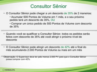 Consultor Sênior O Consultor Sênior pode chegar a um desconto   de 35%   de 2 maneiras: Acumular 500 Pontos de Volume em 1 mês, e o seu próximo pedido terá um desconto de 35%,  OU Comprar um único pedido de 500 Pontos de Volume com desconto de 35% Quando você se qualificar a Consultor Sênior, todos os pedidos serão feitos com desconto de 35% até você atingir o próximo nível de  desconto O Consultor Sênior pode atingir um desconto  de 42%  até o final do mês acumulando 2.000 Pontos de Volume ou mais em um mês Observação: O Supervisor deve ter pelo menos 2.000 PV para que o Consultor Sênior possa comprar com 42%. 